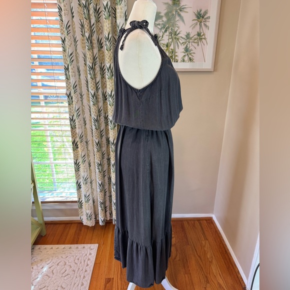 Tie Halter Maxi Dress Washed Black Ruffle Hem Time and Tru Elastic Waist Pockets - Picture 6 of 10